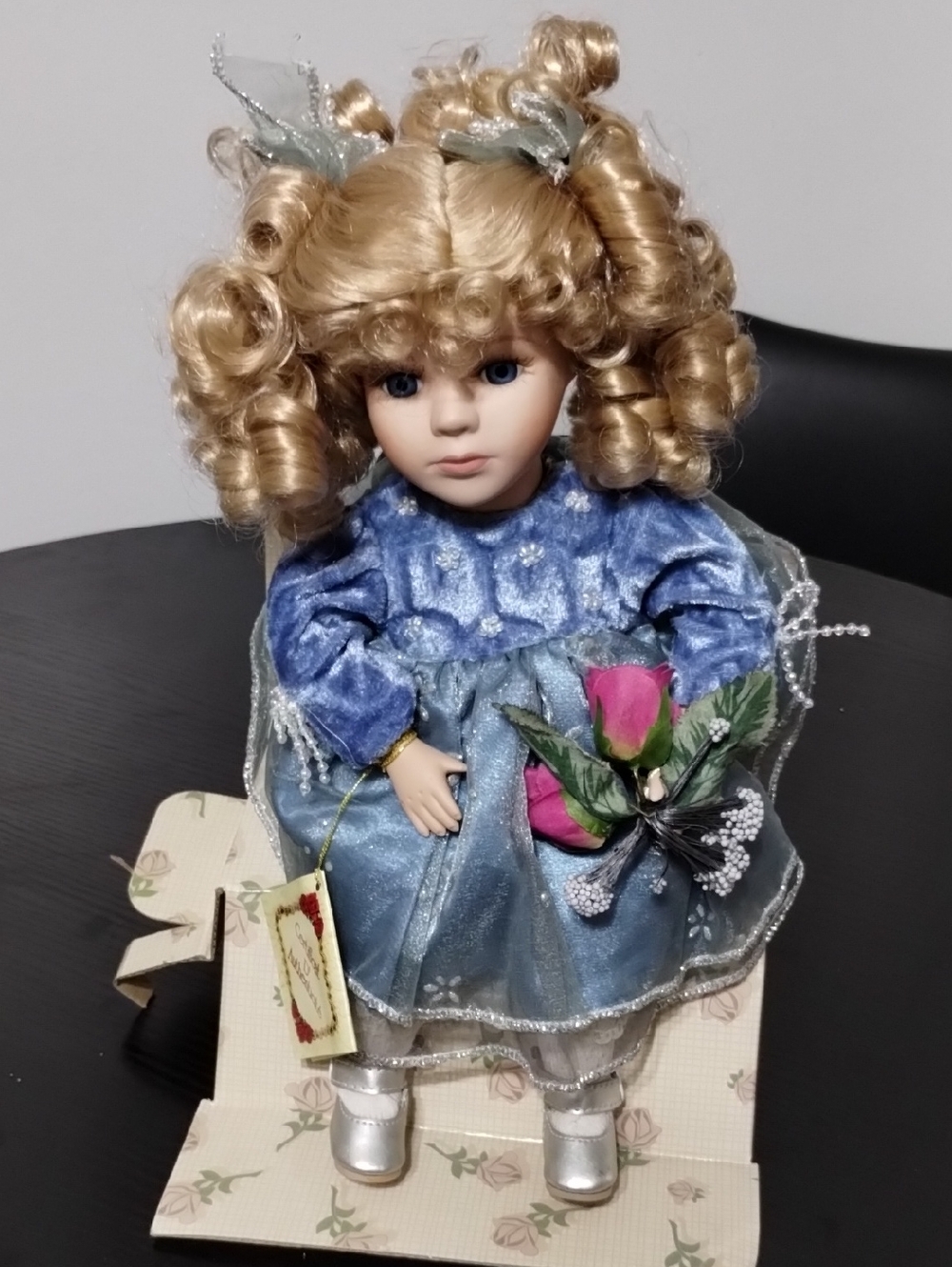 Porcelain Fashion Doll in Blue Dress with Blonde Curls